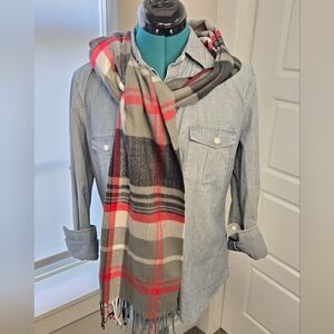 100% CASHMERE GREY RED BLACK PLAID LONG SCARF FRINGE ENDS UNISEX OS GERMANY LUX
